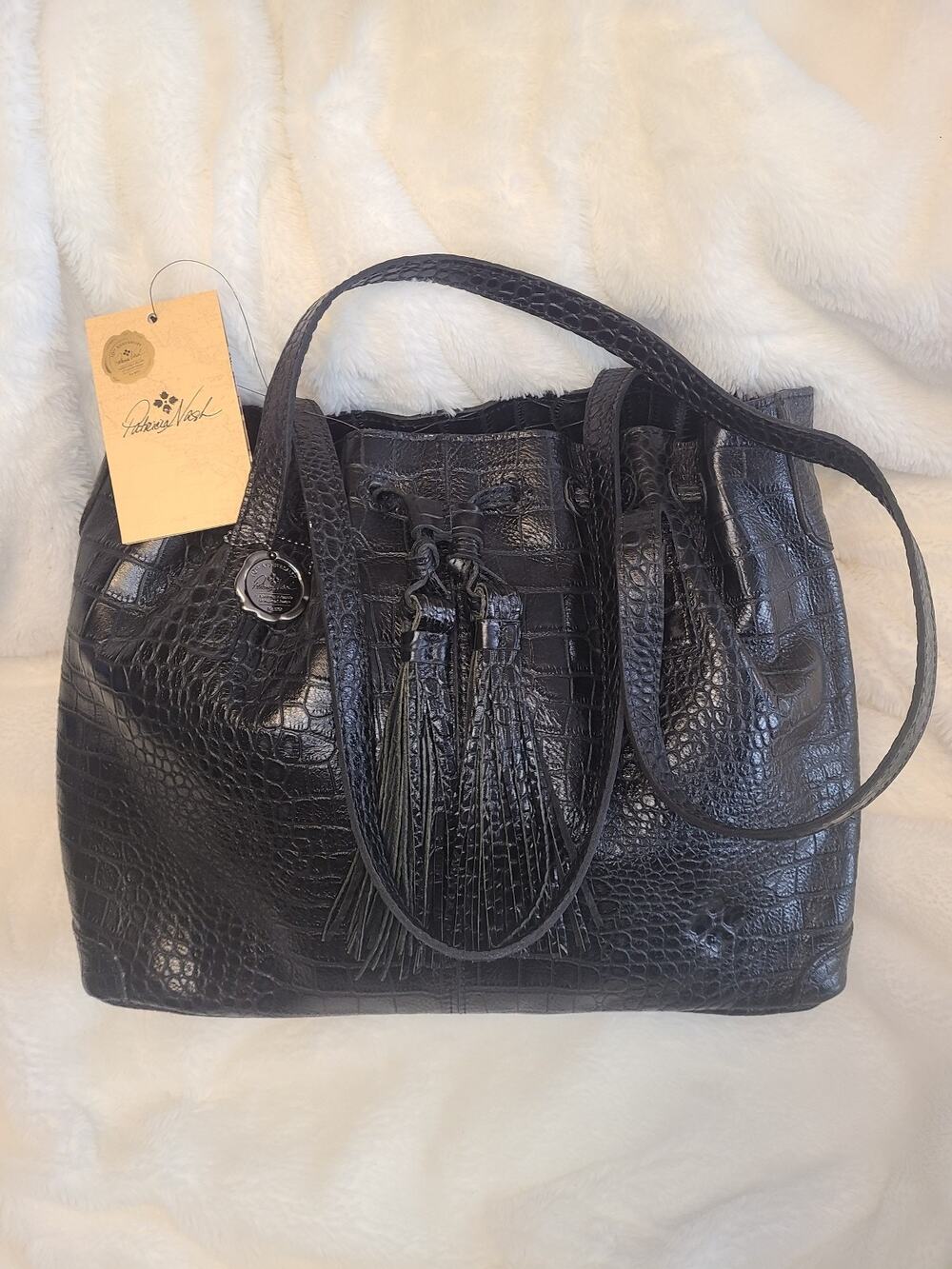 NWT Patricia Nash Witney Drawstring Tassel Tote - Black Croc-Embossed Leather